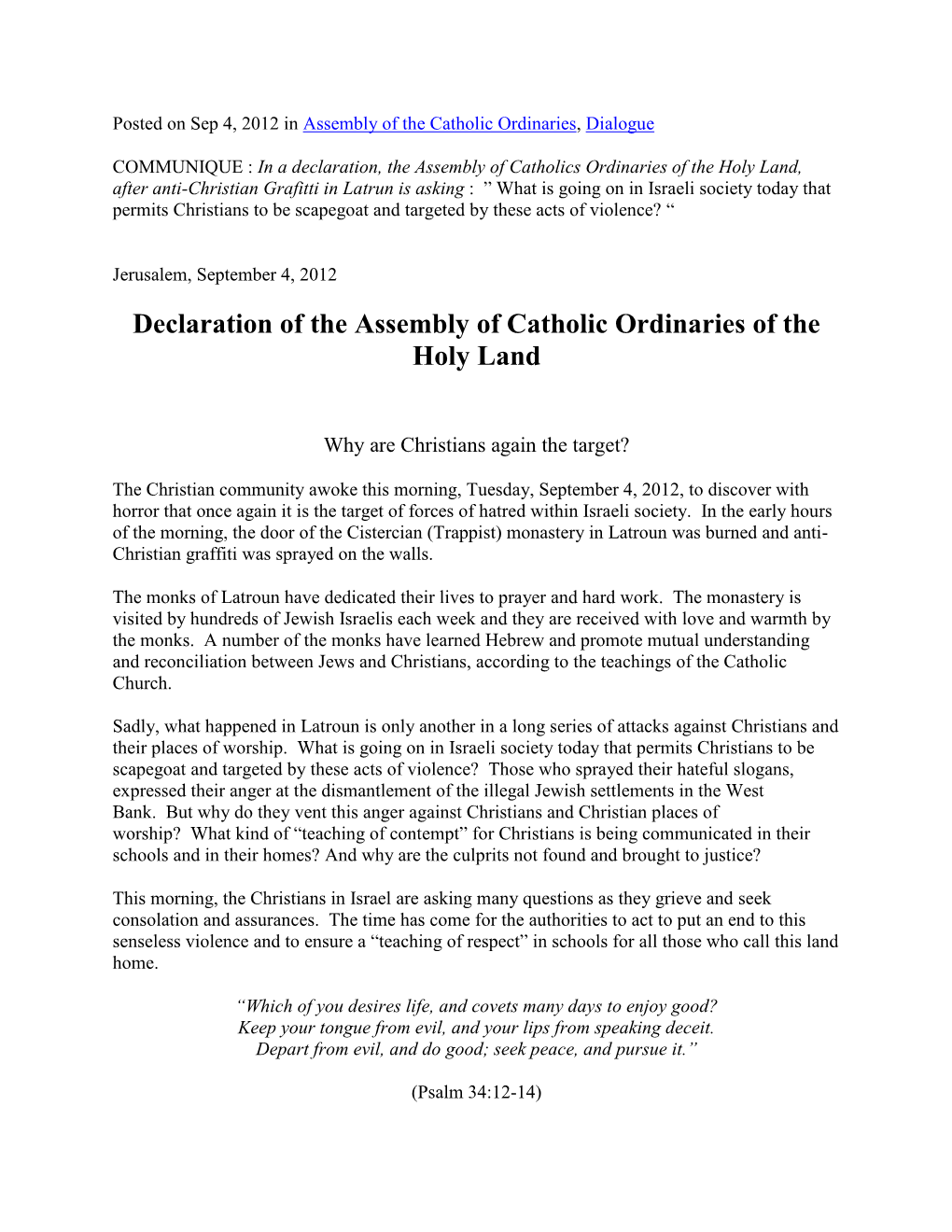 Statement on Anti-Christian Incident at Monastery Catholic Ordinaries Of