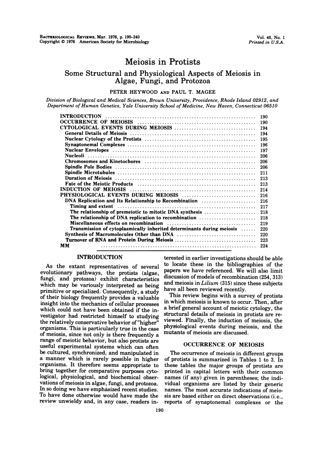 Meiosis in Protists Some Structural and Physiological Aspects of Meiosis in Algae, Fungi, and Protozoa