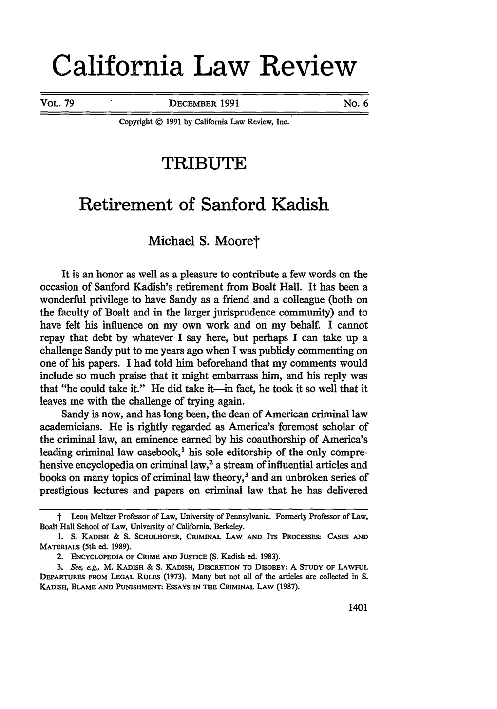 Retirement of Sanford Kadish