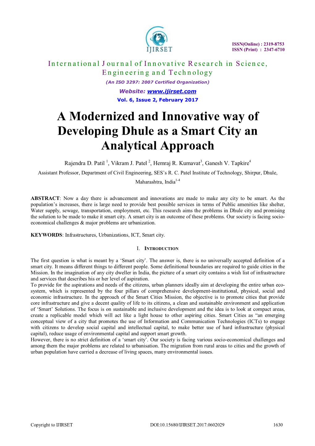 A Modernized and Innovative Way of Developing Dhule As a Smart City an Analytical Approach