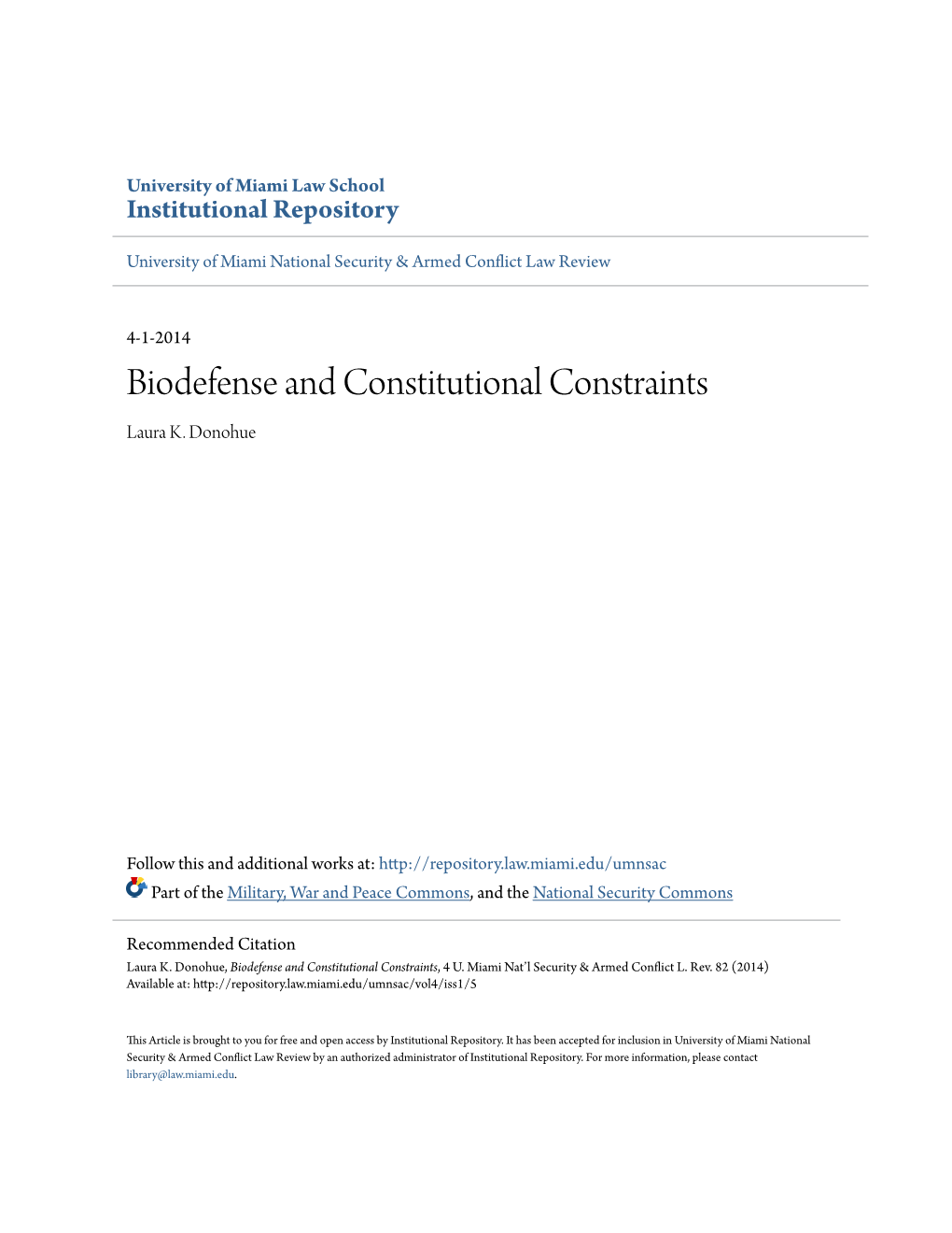 Biodefense and Constitutional Constraints Laura K