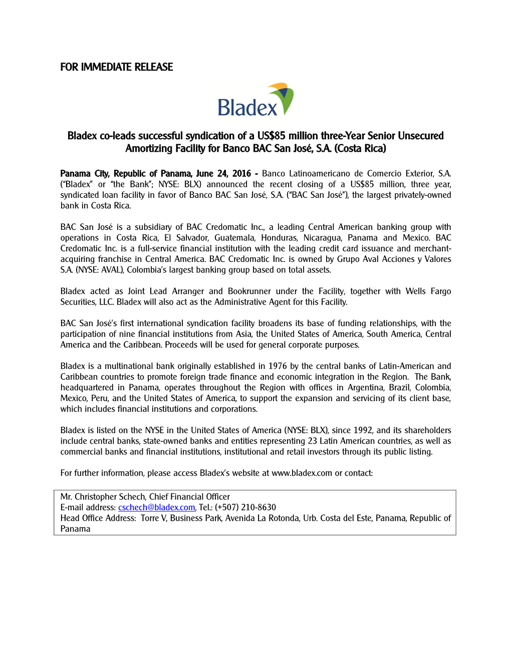 Bladex Co-Leads Successful Syndication of a US$85 Million Three-Year Senior Unsecured Amortizing Facility for Banco BAC San José, S.A