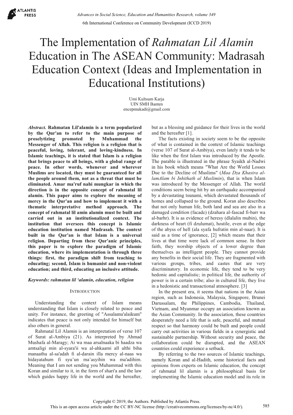 Rahmatan Lil Alamin Education in the ASEAN Community: Madrasah Education Context (Ideas and Implementation in Educational Institutions)