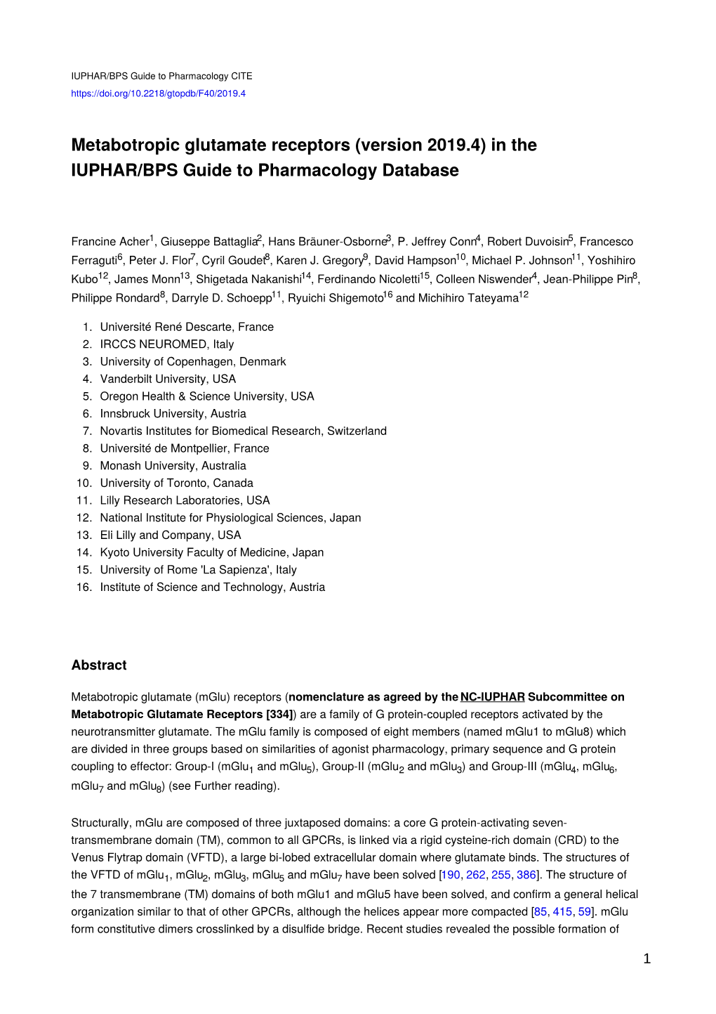 Metabotropic Glutamate Receptors (Version 2019.4) in the IUPHAR/BPS Guide to Pharmacology Database