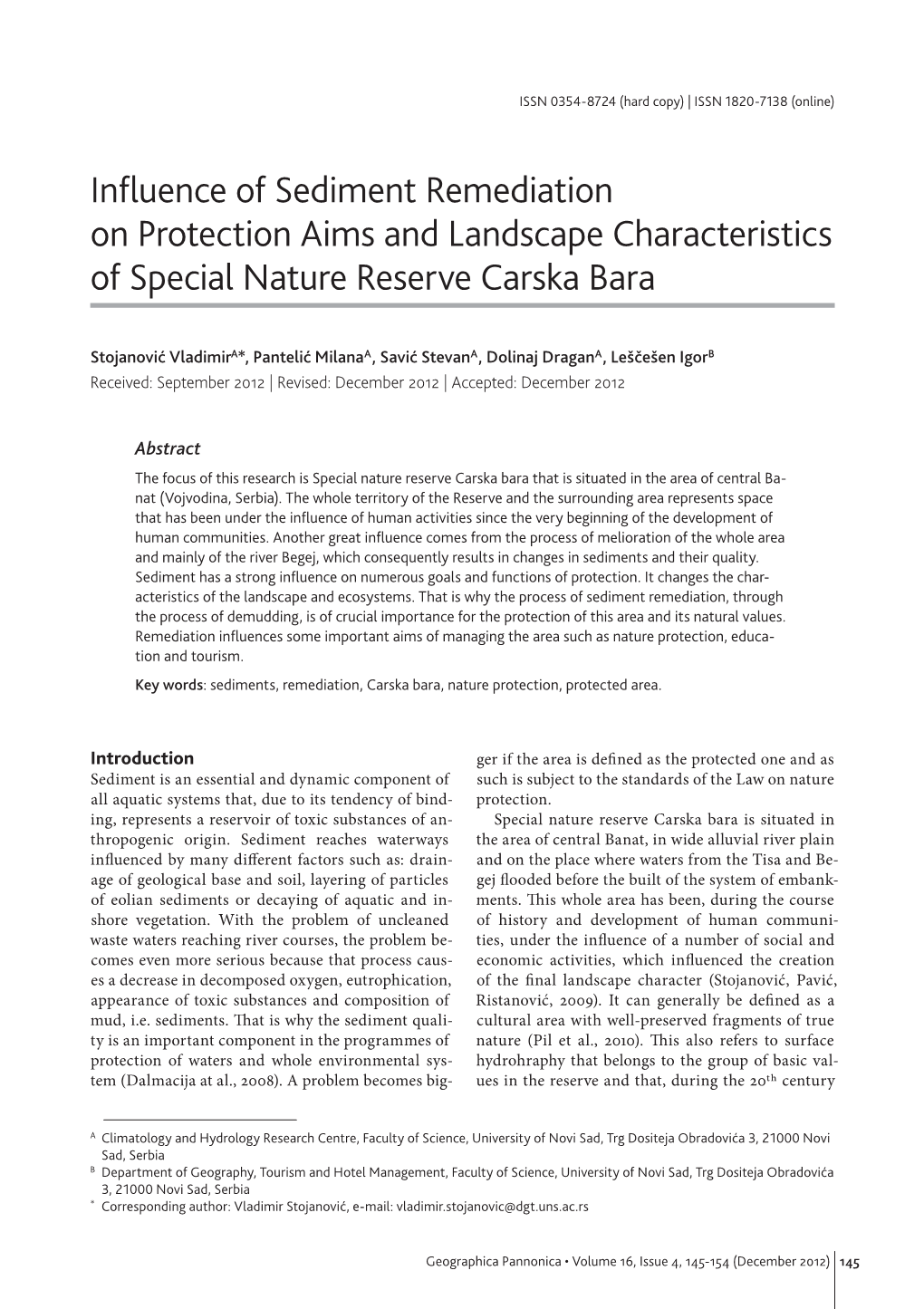 Influence of Sediment Remediation on Protection Aims and Landscape Characteristics of Special Nature Reserve Carska Bara