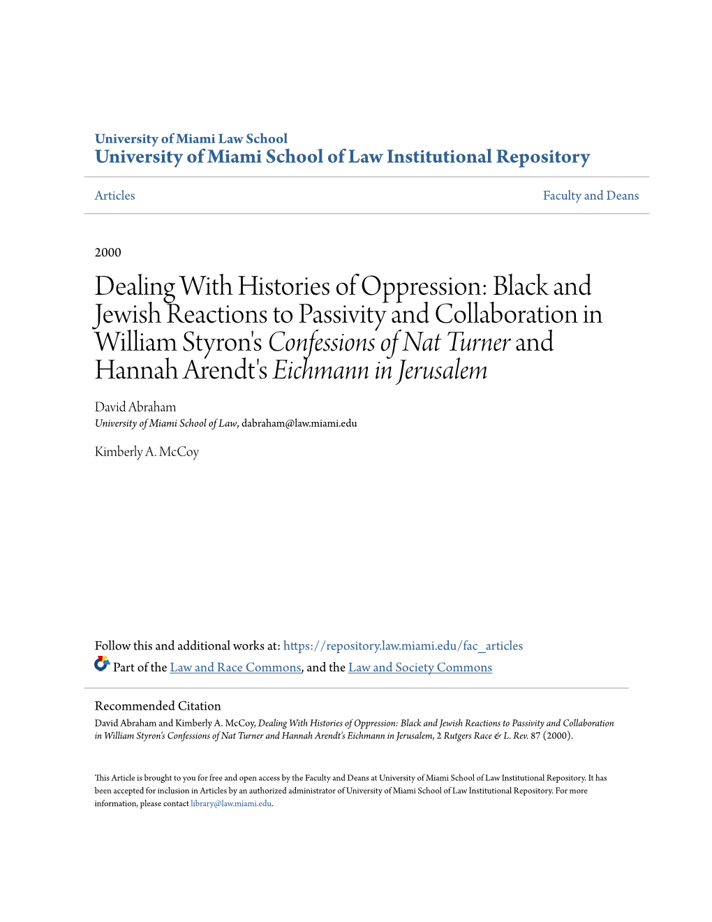 Dealing with Histories of Oppression: Black and Jewish Reactions To