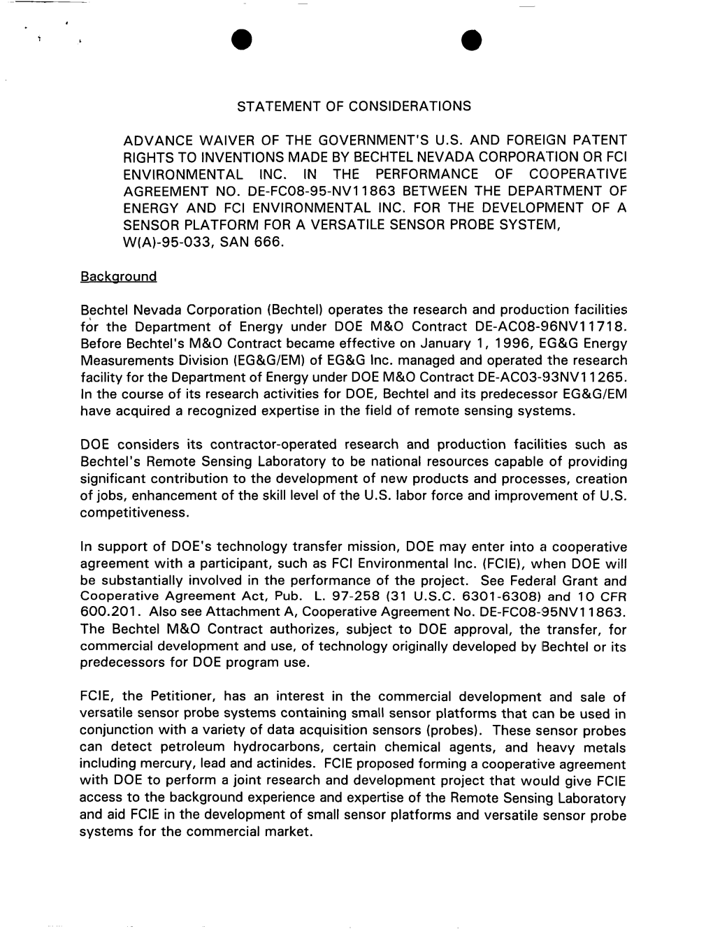 Statement of Considerations Advance Waiver of the Government's U.S. and Foreign Patent Rights to Inventions Made by Bechtel Neva