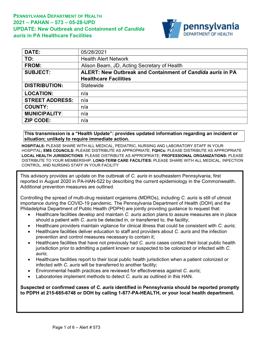 UPD UPDATE: New Outbreak and Containment of Candida Auris in PA Healthcare Facilities