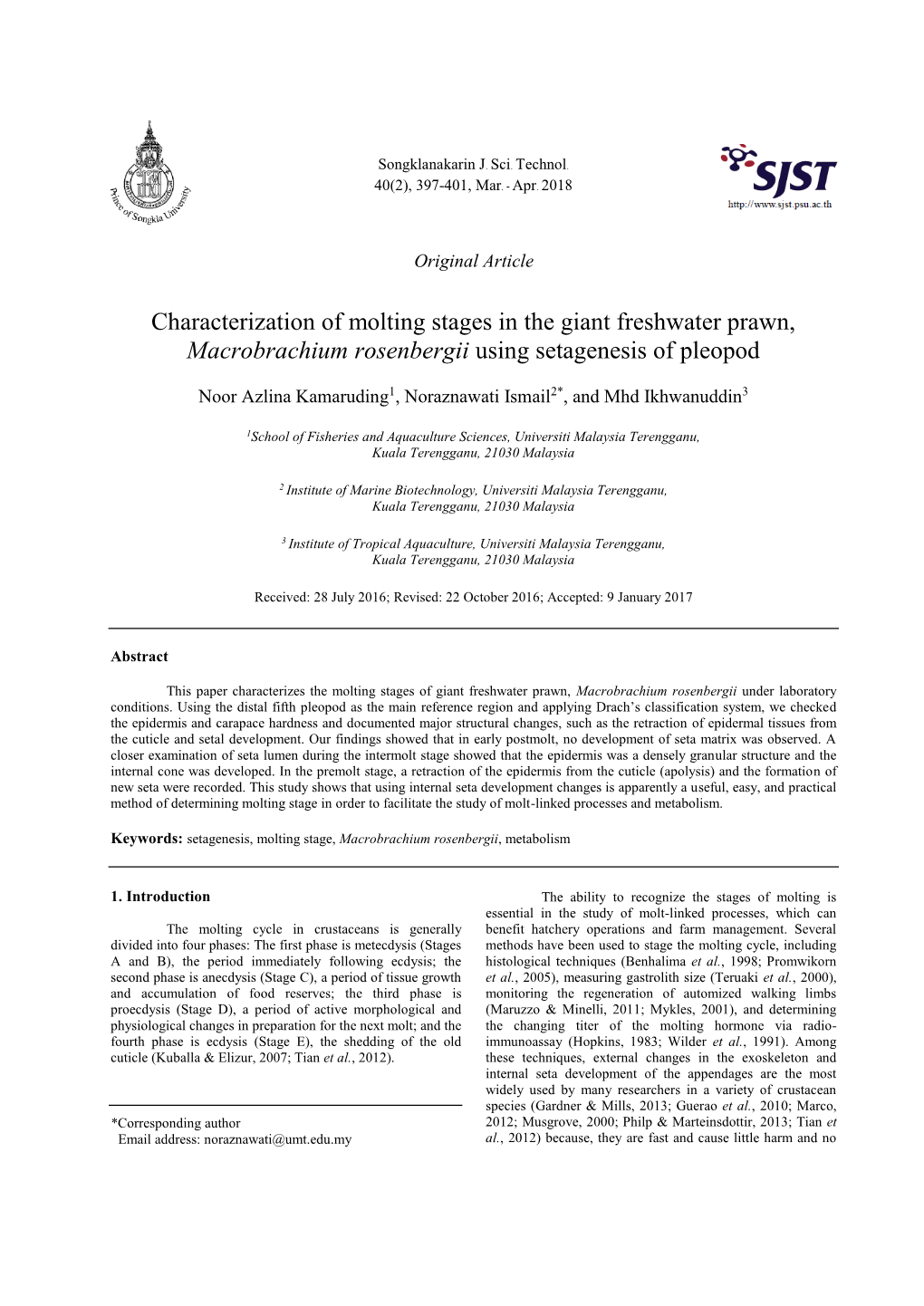 Characterization of Molting Stages in the Giant Freshwater Prawn, Macrobrachium Rosenbergii Using Setagenesis of Pleopod