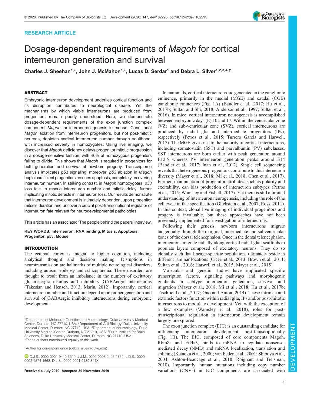 Dosage-Dependent Requirements of Magoh for Cortical Interneuron Generation and Survival Charles J