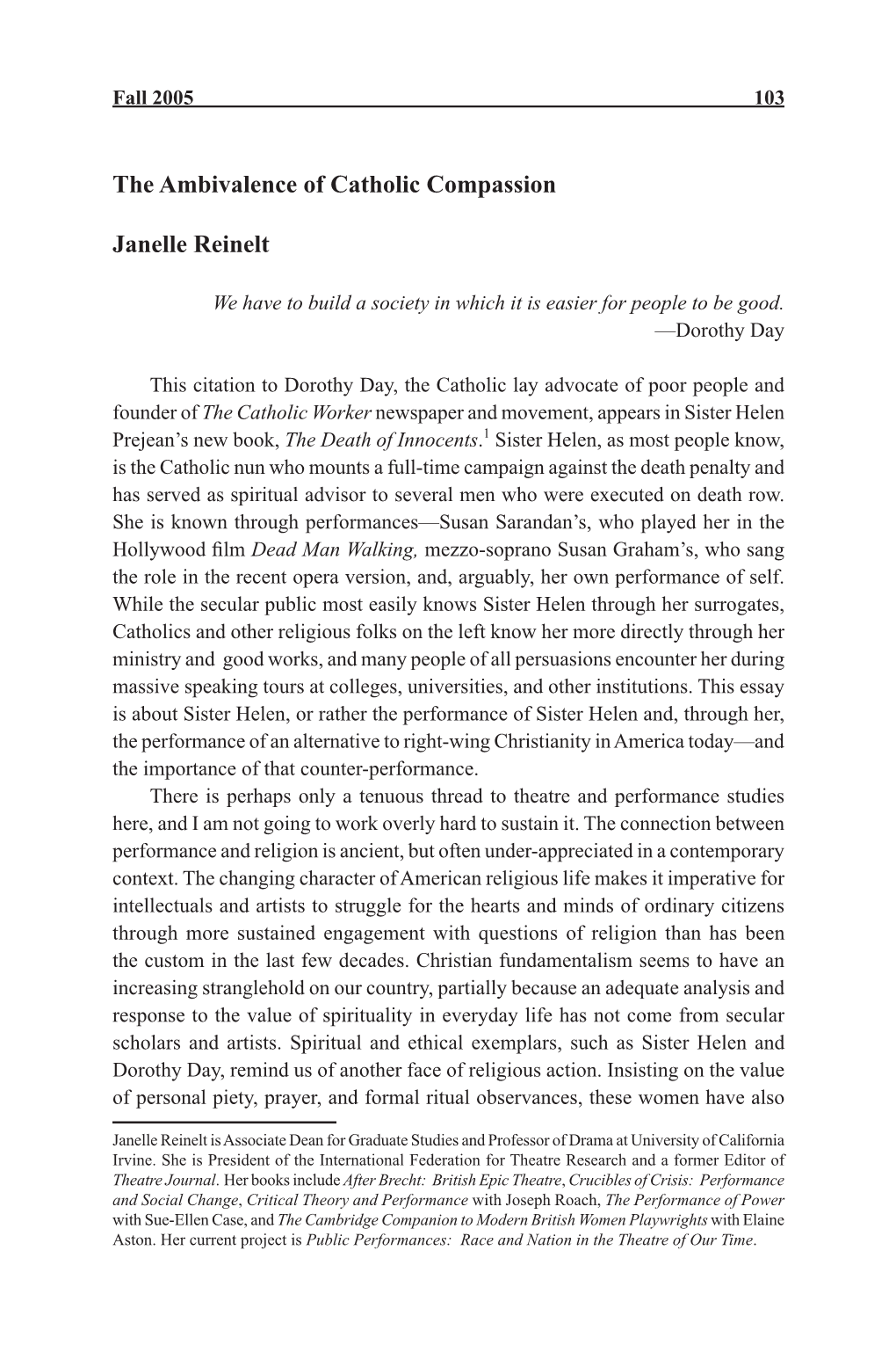 The Ambivalence of Catholic Compassion Janelle Reinelt