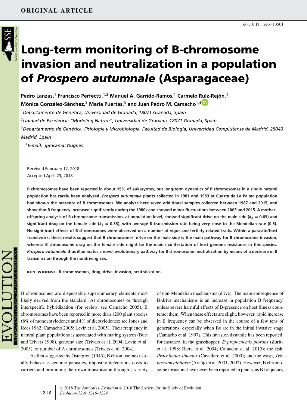 Long-Term Monitoring of B-Chromosome Invasion and Neutralization in a Population of Prospero Autumnale (Asparagaceae)