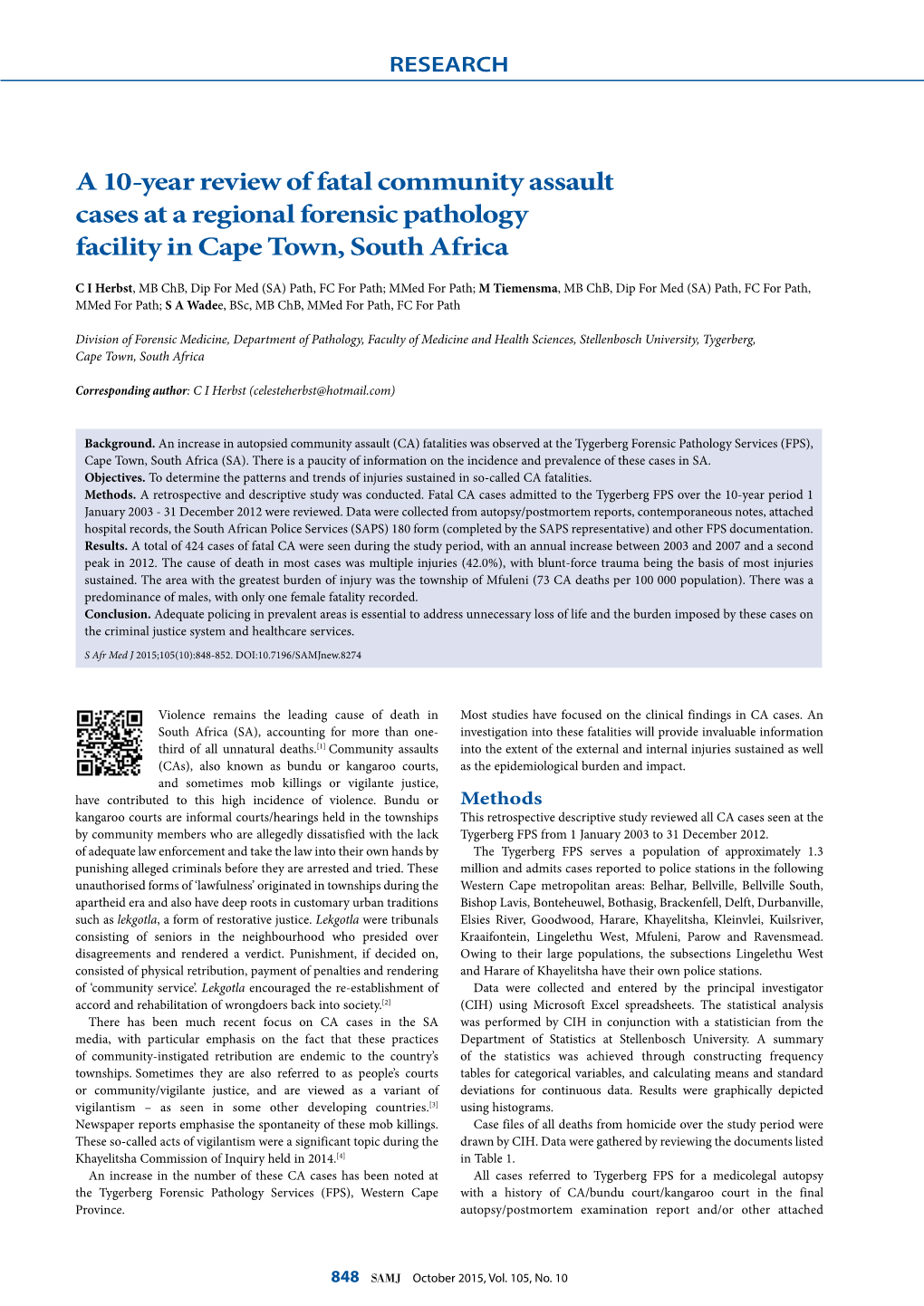 A 10-Year Review of Fatal Community Assault Cases at a Regional Forensic Pathology Facility in Cape Town, South Africa