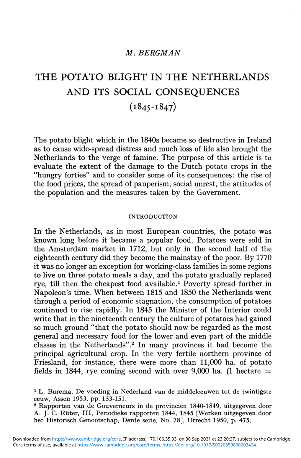 The Potato Blight in the Netherlands and Its Social Consequences (1845–1847)