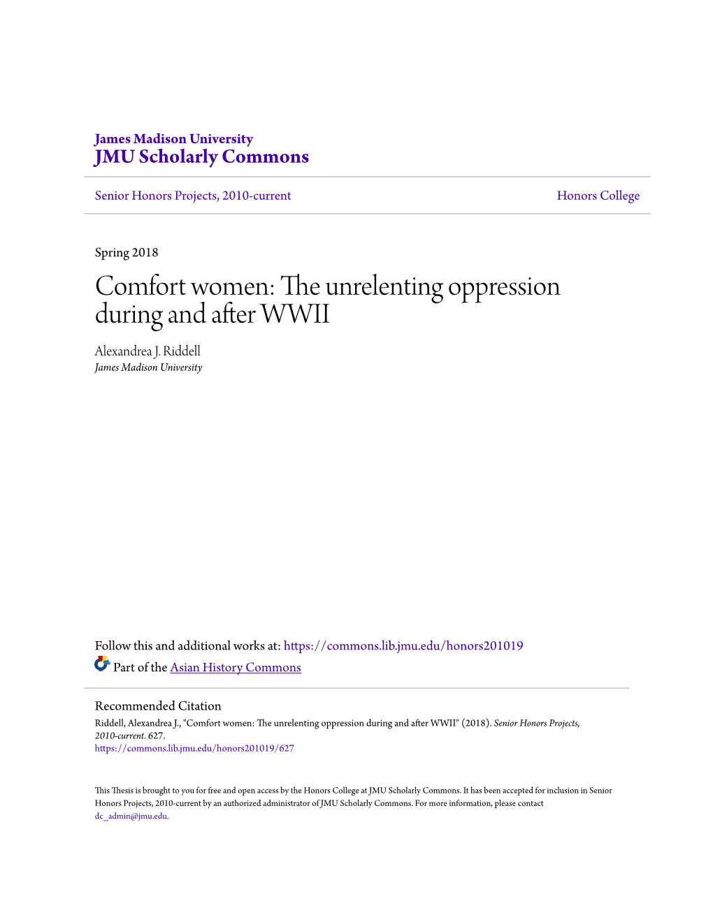 Comfort Women: the Unrelenting Oppression During and After WWII Alexandrea J