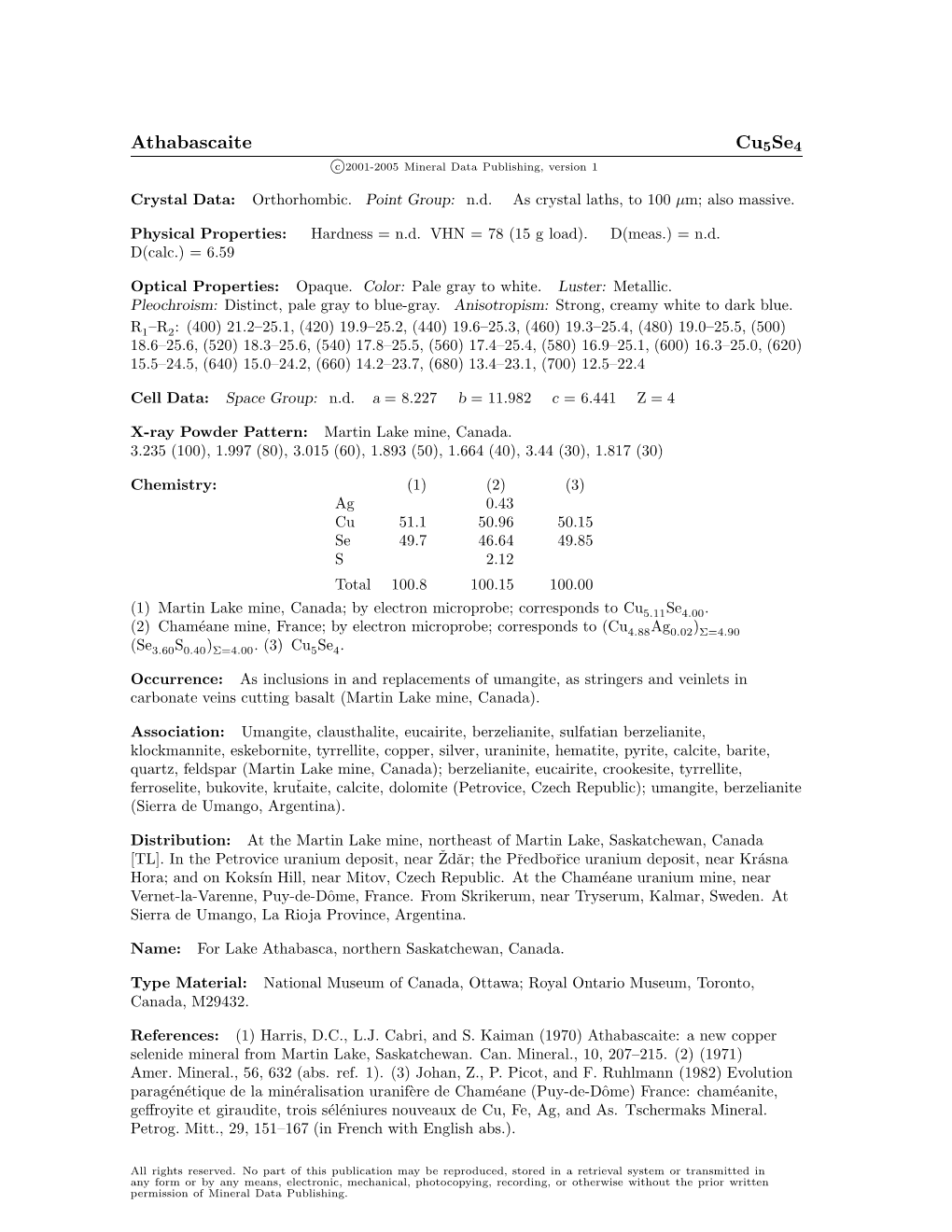 Athabascaite Cu5se4 C 2001-2005 Mineral Data Publishing, Version 1