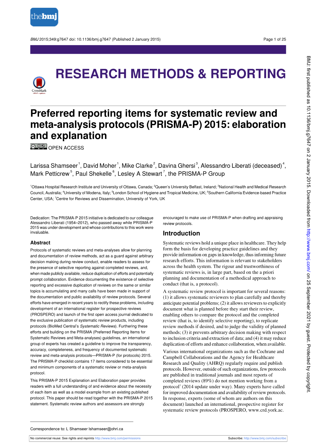Preferred Reporting Items for Systematic Review and Meta-Analysis Protocols (PRISMA-P) 2015: Elaboration and Explanation OPEN ACCESS