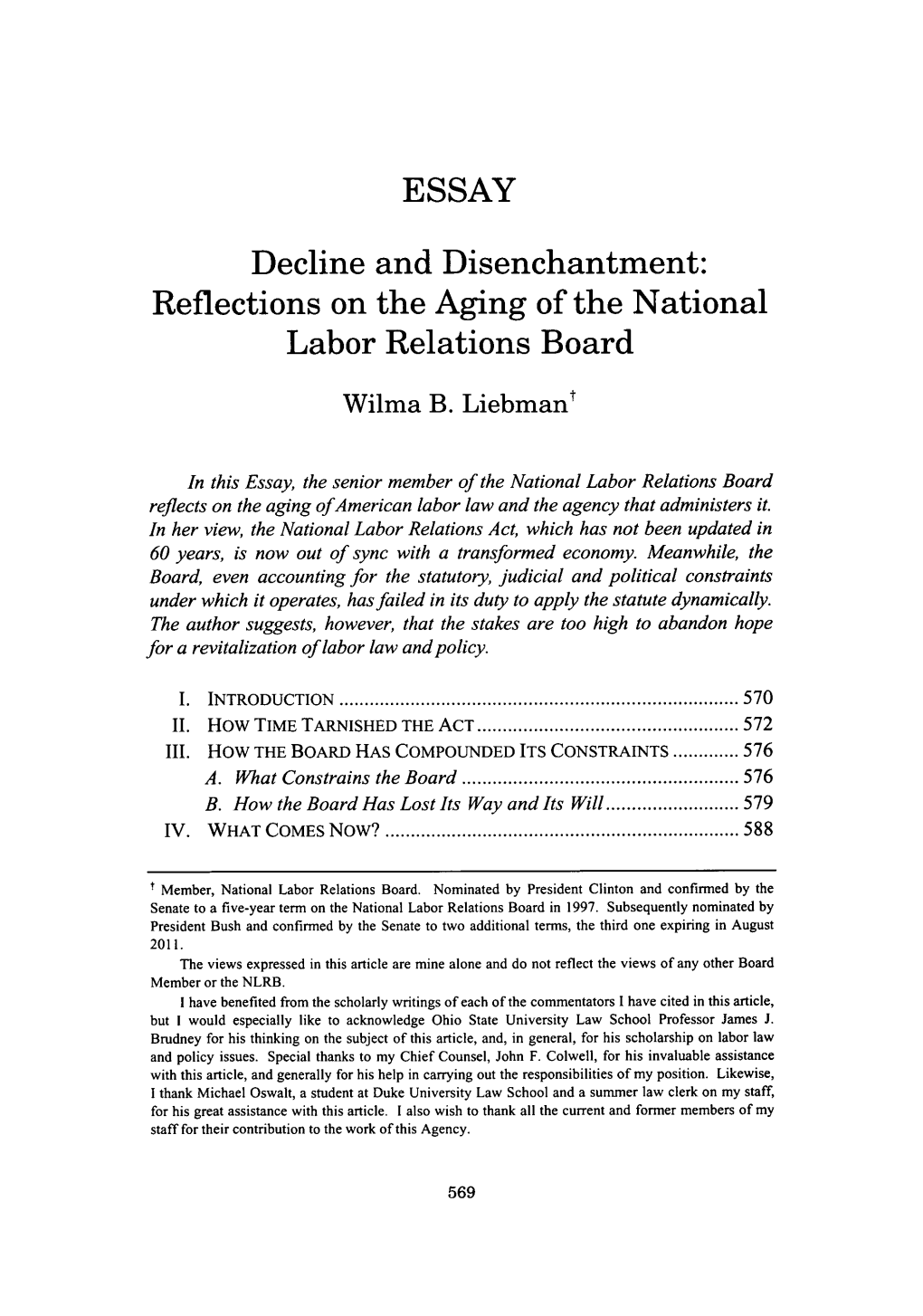 Decline and Disenchantment: Reflections on the Aging of the National Labor Relations Board