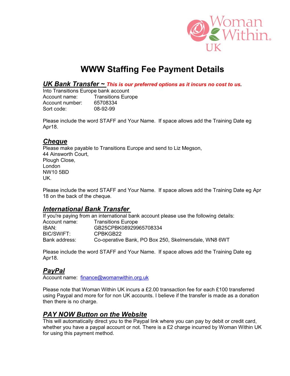 WWW Staffing Fee Payment Details