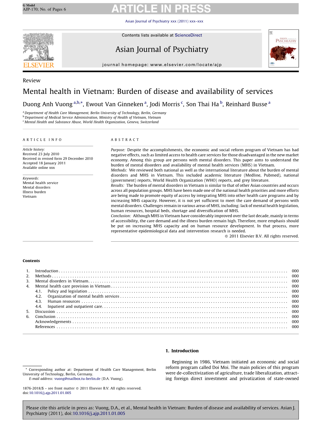 Mental Health in Vietnam: Burden of Disease and Availability of Services