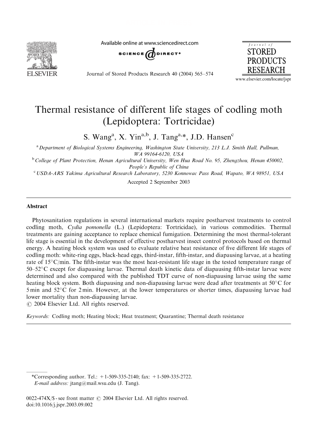 Thermal Resistance of Different Life Stages of Codling Moth (Lepidoptera: Tortricidae) S