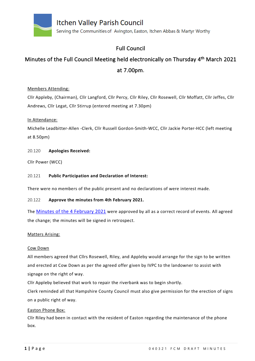 Full Council Meeting Minutes 4Th March 2021