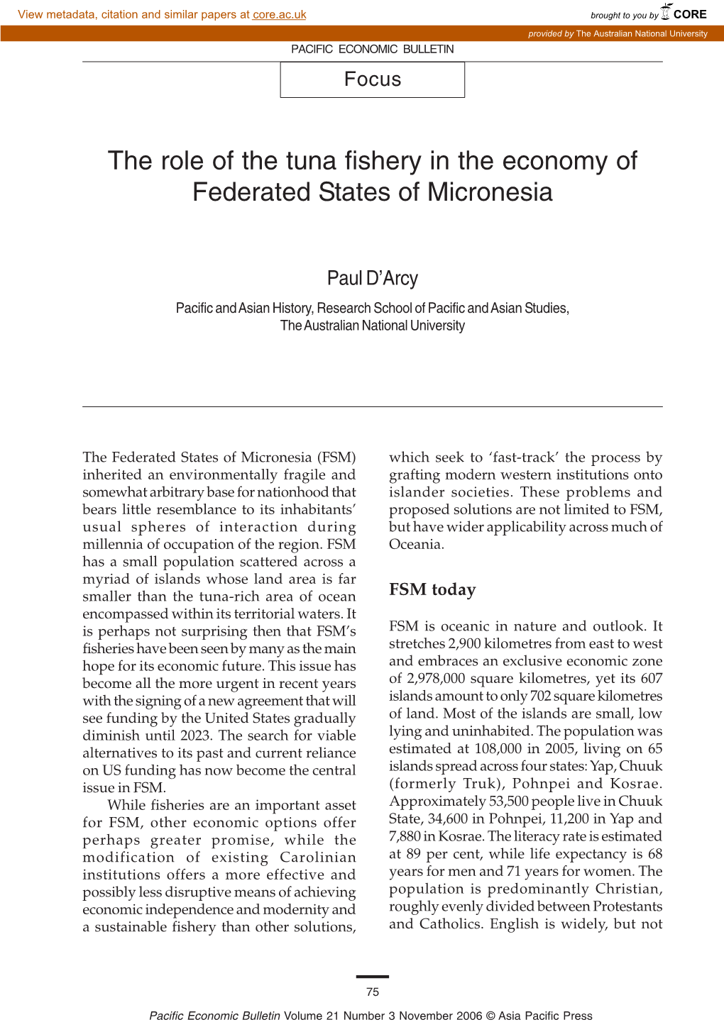 The Role of the Tuna Fishery in the Economy of Federated States of Micronesia