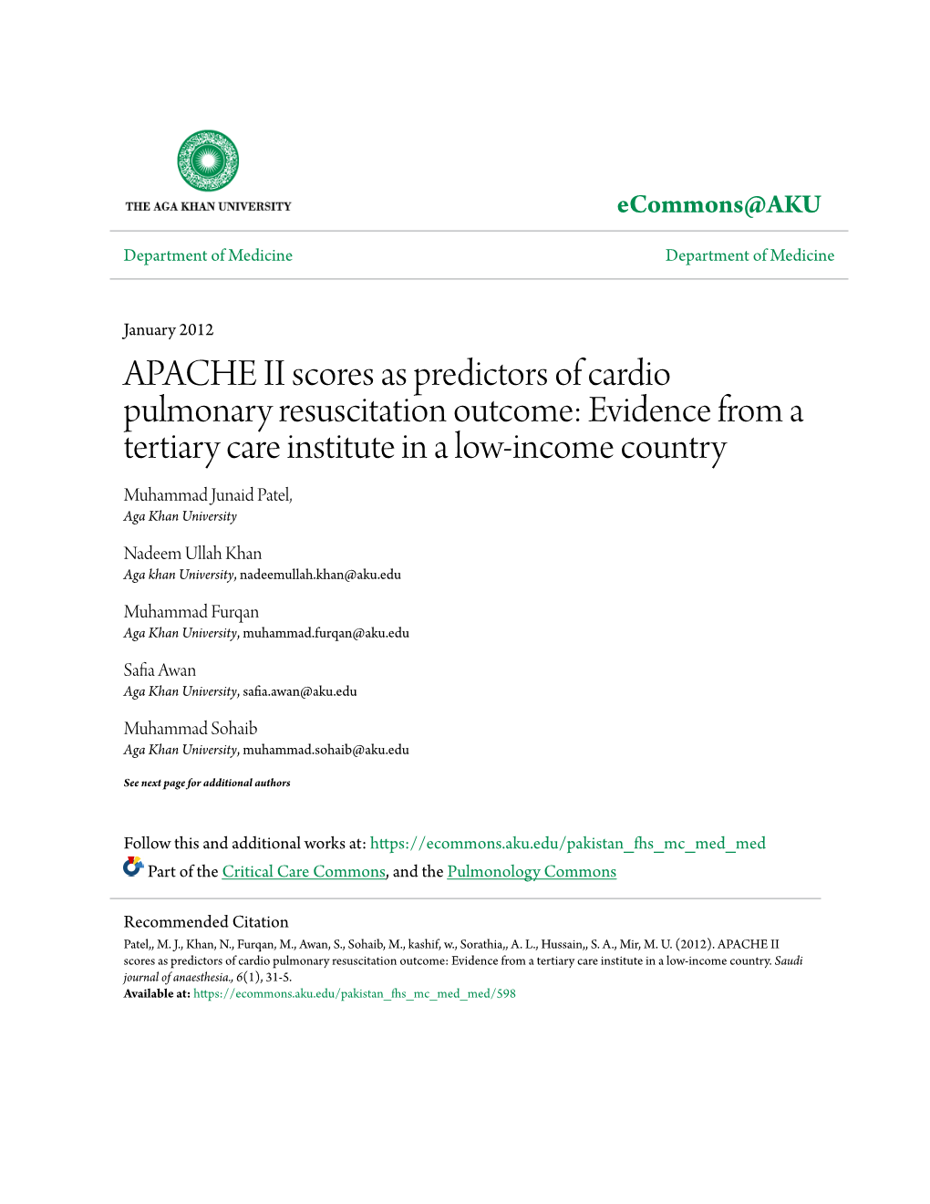 APACHE II Scores As Predictors of Cardio