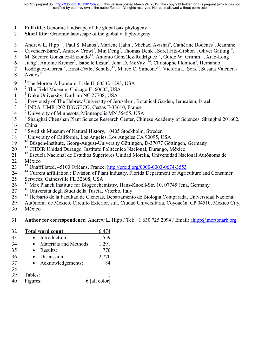 Genomic Landscape of the Global Oak Phylogeny 2 Andrew