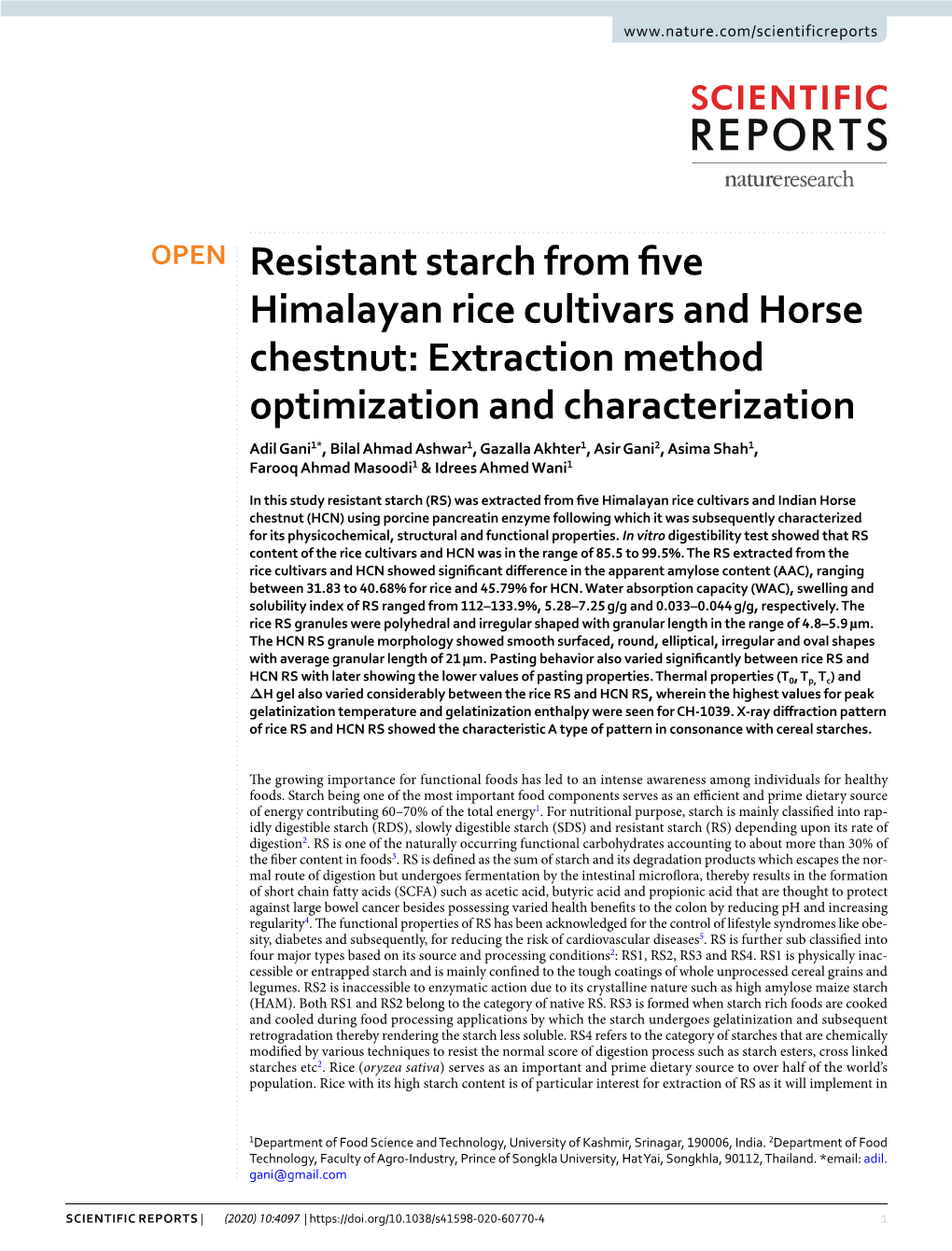 Resistant Starch from Five Himalayan Rice Cultivars and Horse Chestnut