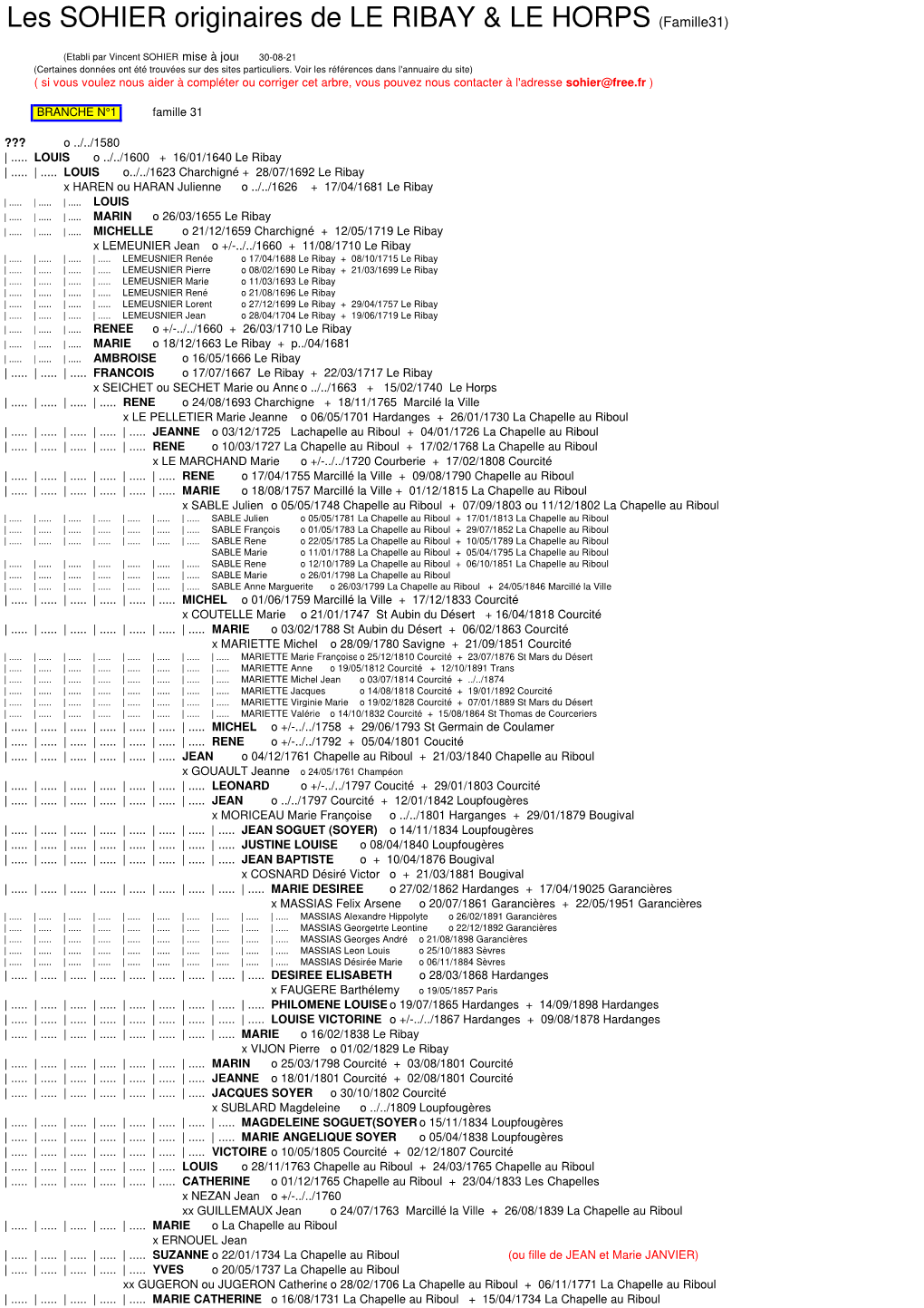 Les SOHIER Originaires De LE RIBAY & LE HORPS (Famille31)