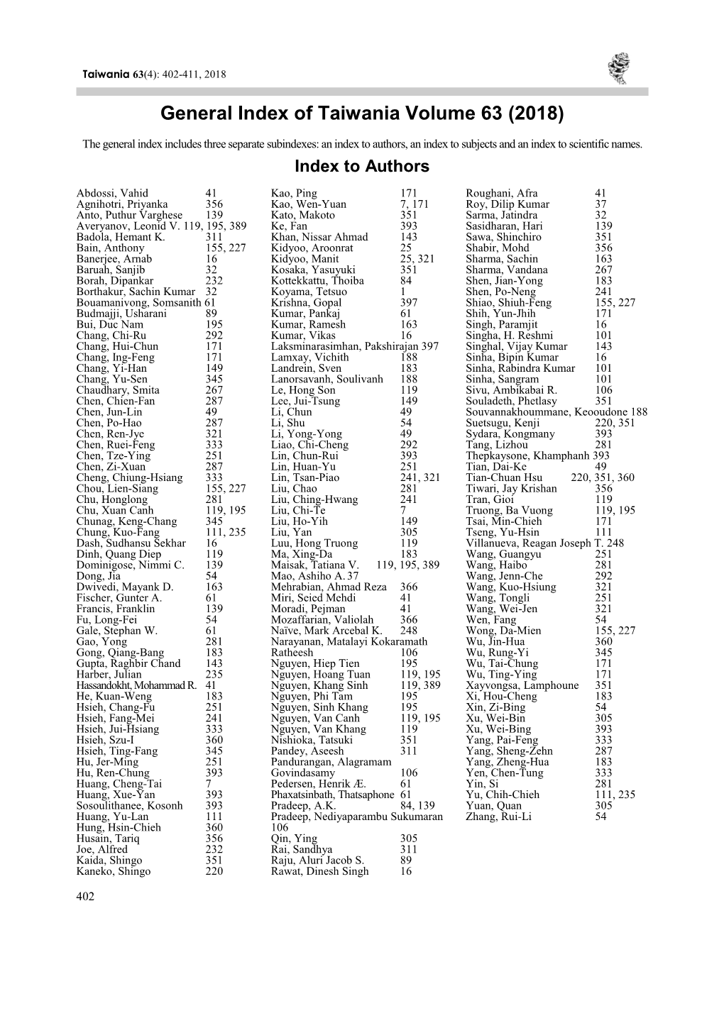 General Index of Taiwania Volumn 63 (2018)