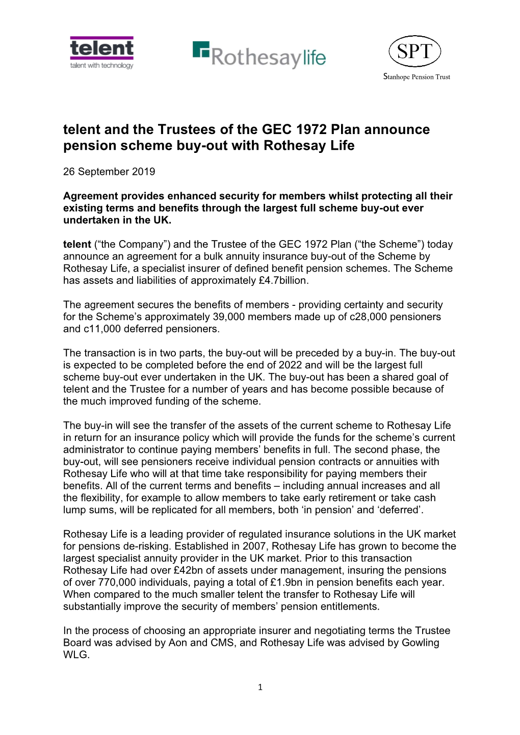 Telent and the Trustees of the GEC 1972 Plan Announce Pension Scheme Buy-Out with Rothesay Life