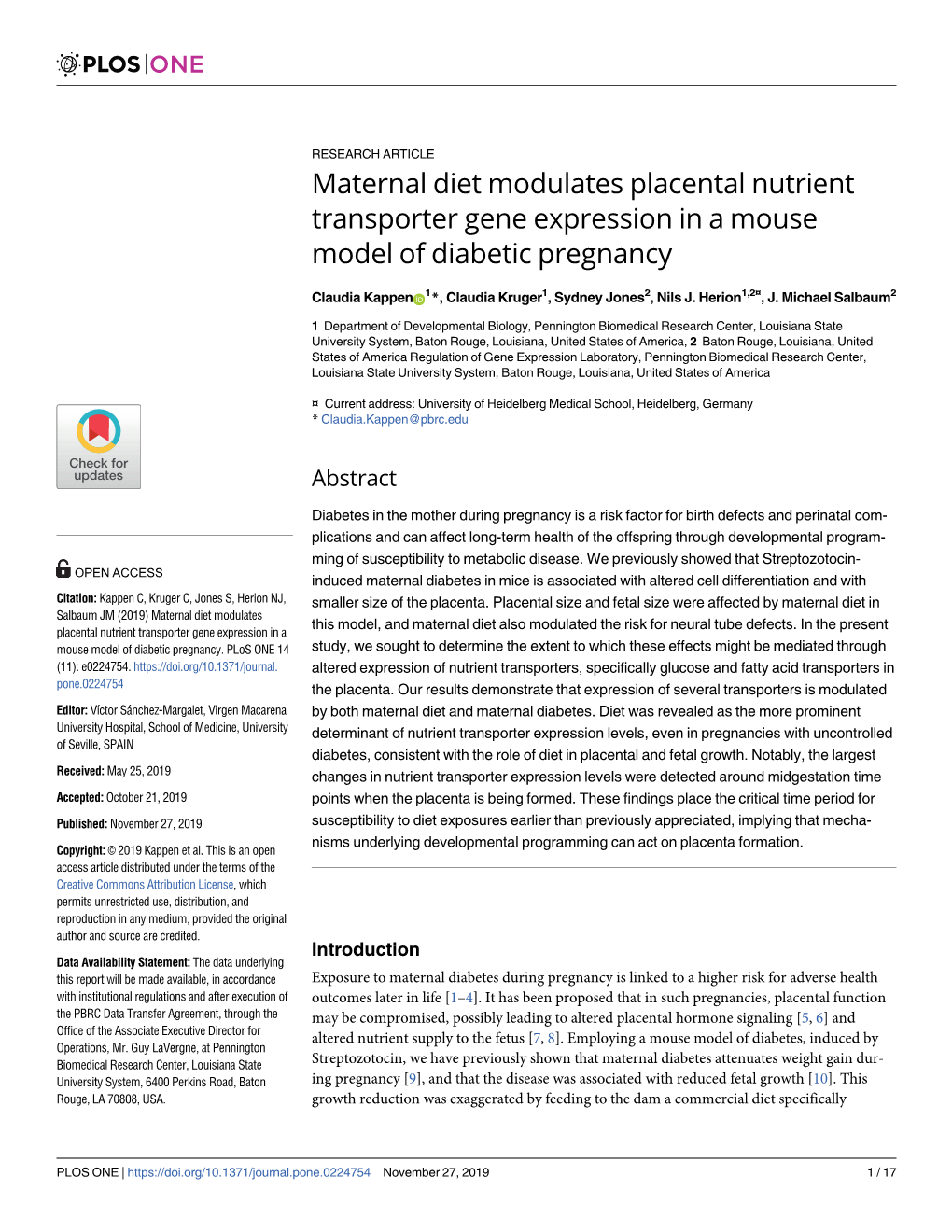 Maternal Diet Modulates Placental Nutrient Transporter Gene Expression in a Mouse Model of Diabetic Pregnancy