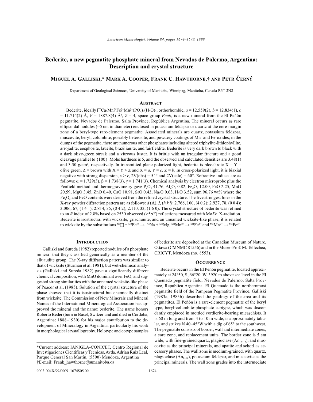 Bederite, a New Pegmatite Phosphate Mineral from Nevados De Palermo, Argentina: Description and Crystal Structure