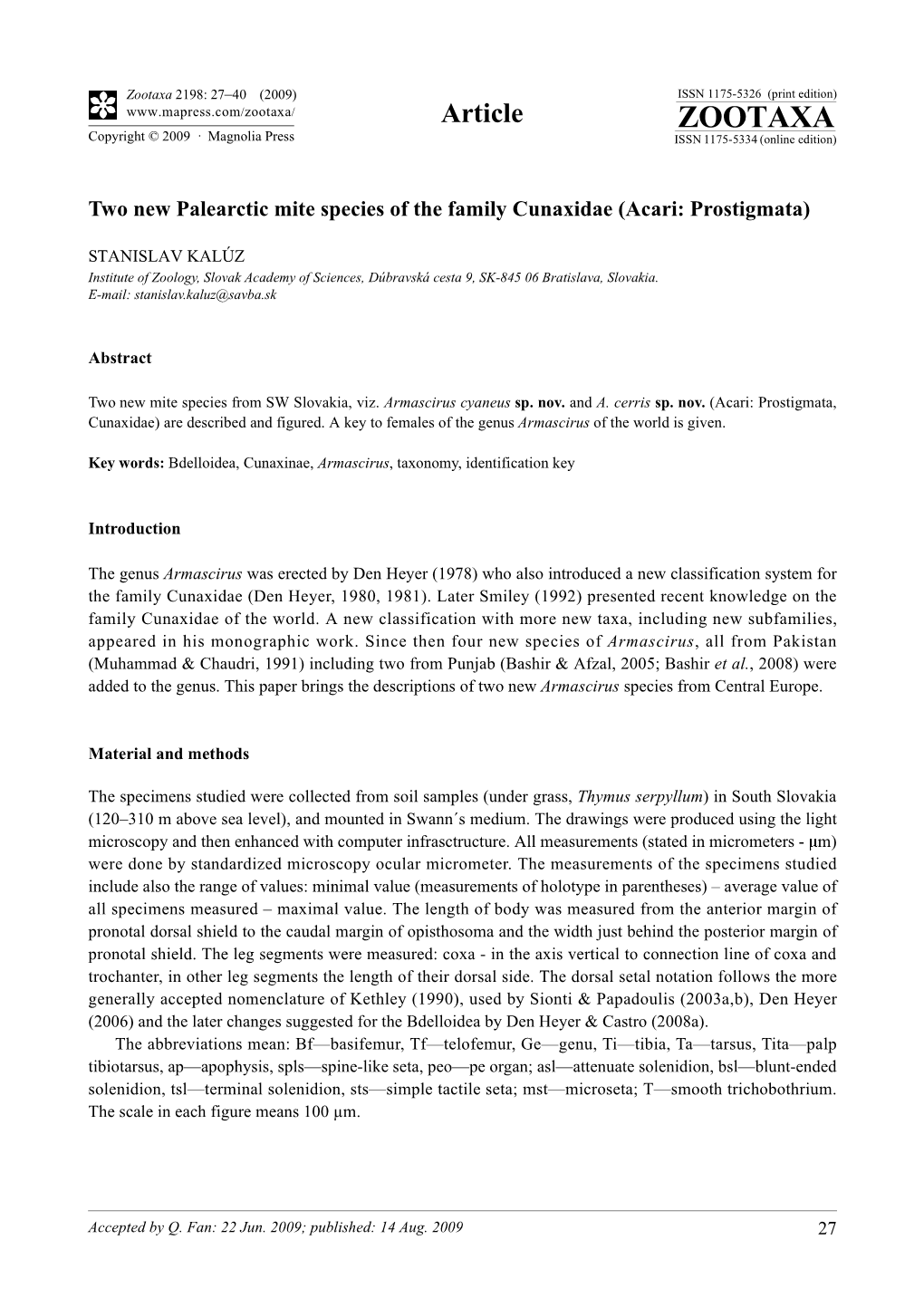 Zootaxa, Two New Palearctic Mite Species of the Family Cunaxidae