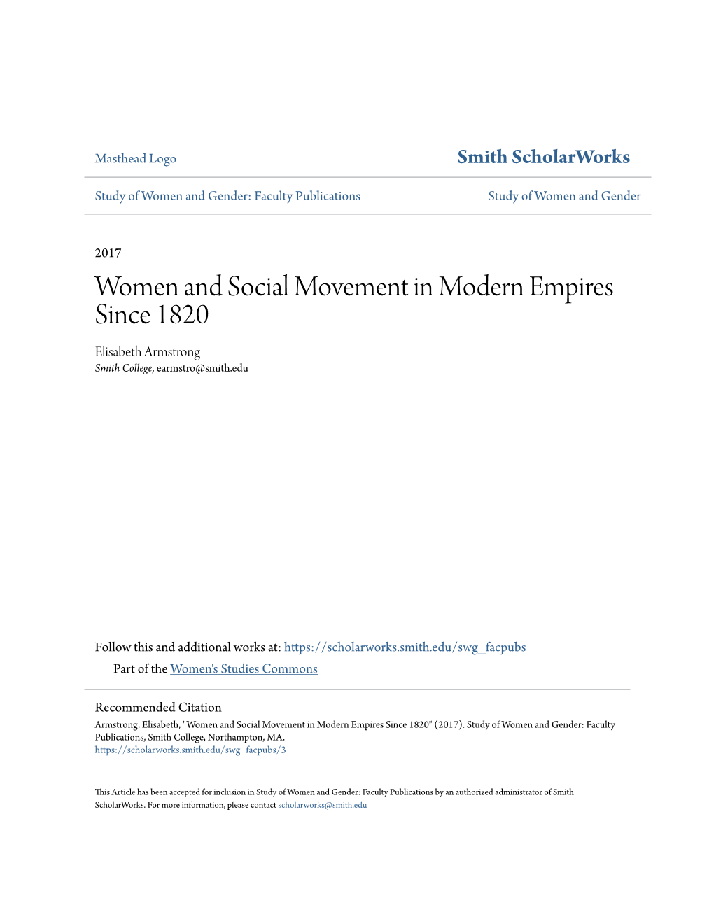 Women and Social Movement in Modern Empires Since 1820 Elisabeth Armstrong Smith College, Earmstro@Smith.Edu