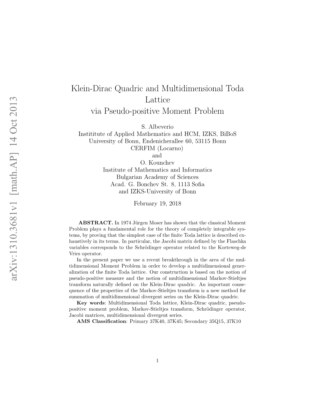 Klein-Dirac Quadric and Multidimensional Toda Lattice Via