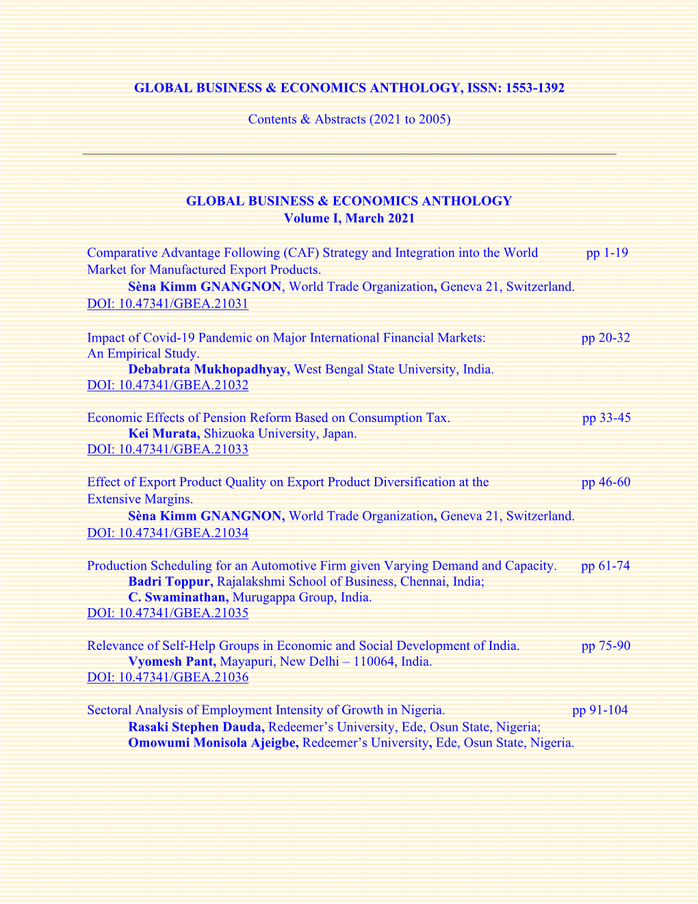 Global Business & Economics Anthology, Issn: 1553-1392