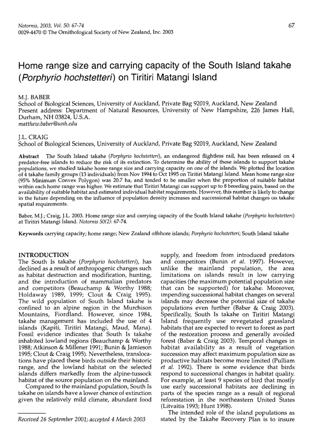 Home Range Size and Carrying Capacity of the South Island Takahe (Porphyrio Hochstetteri) on Tiritiri Matangi Island