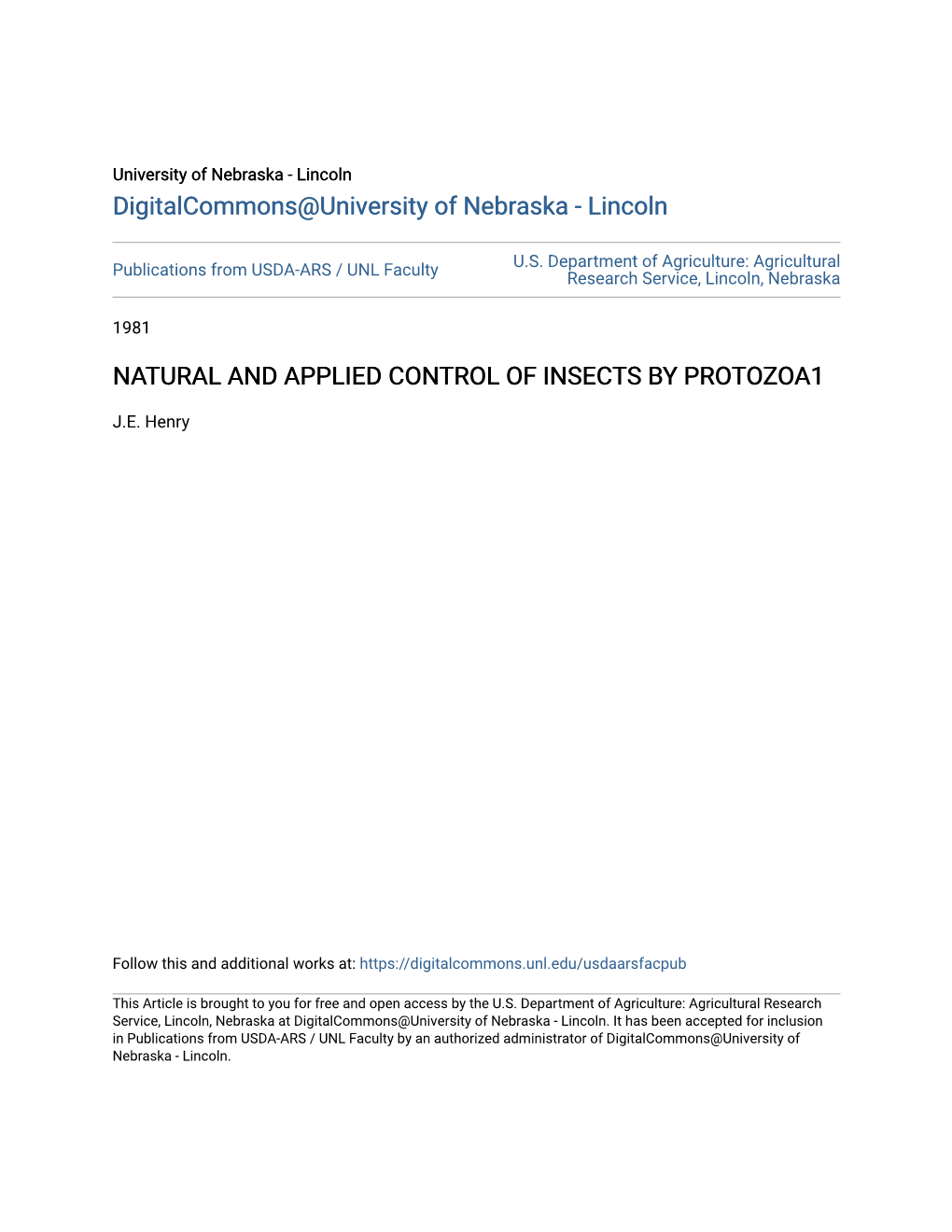 Natural and Applied Control of Insects by Protozoa1