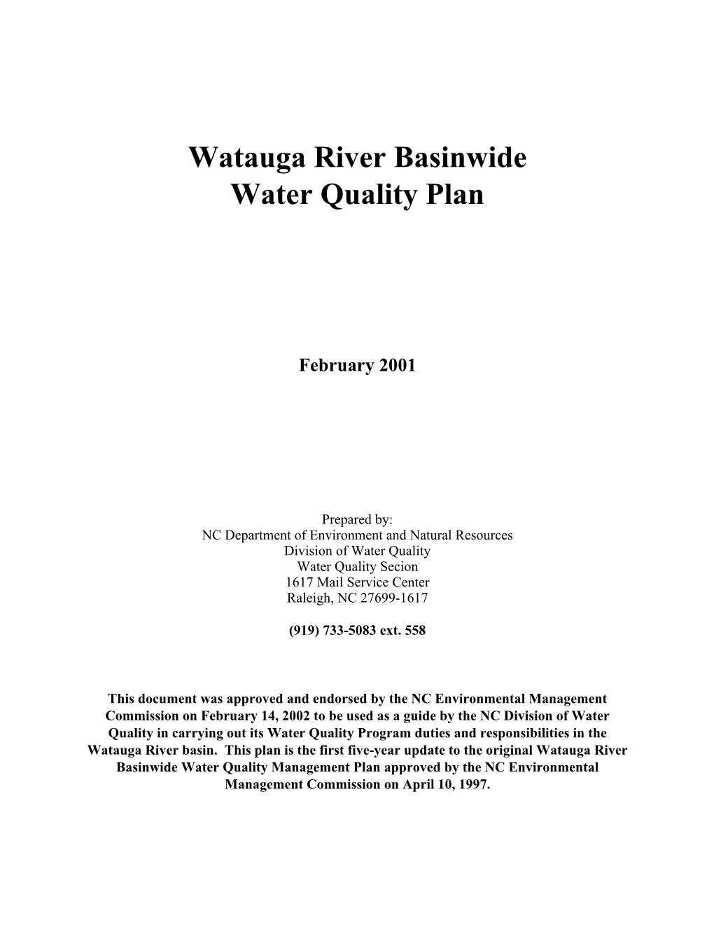 Watauga River Basinwide Water Quality Plan
