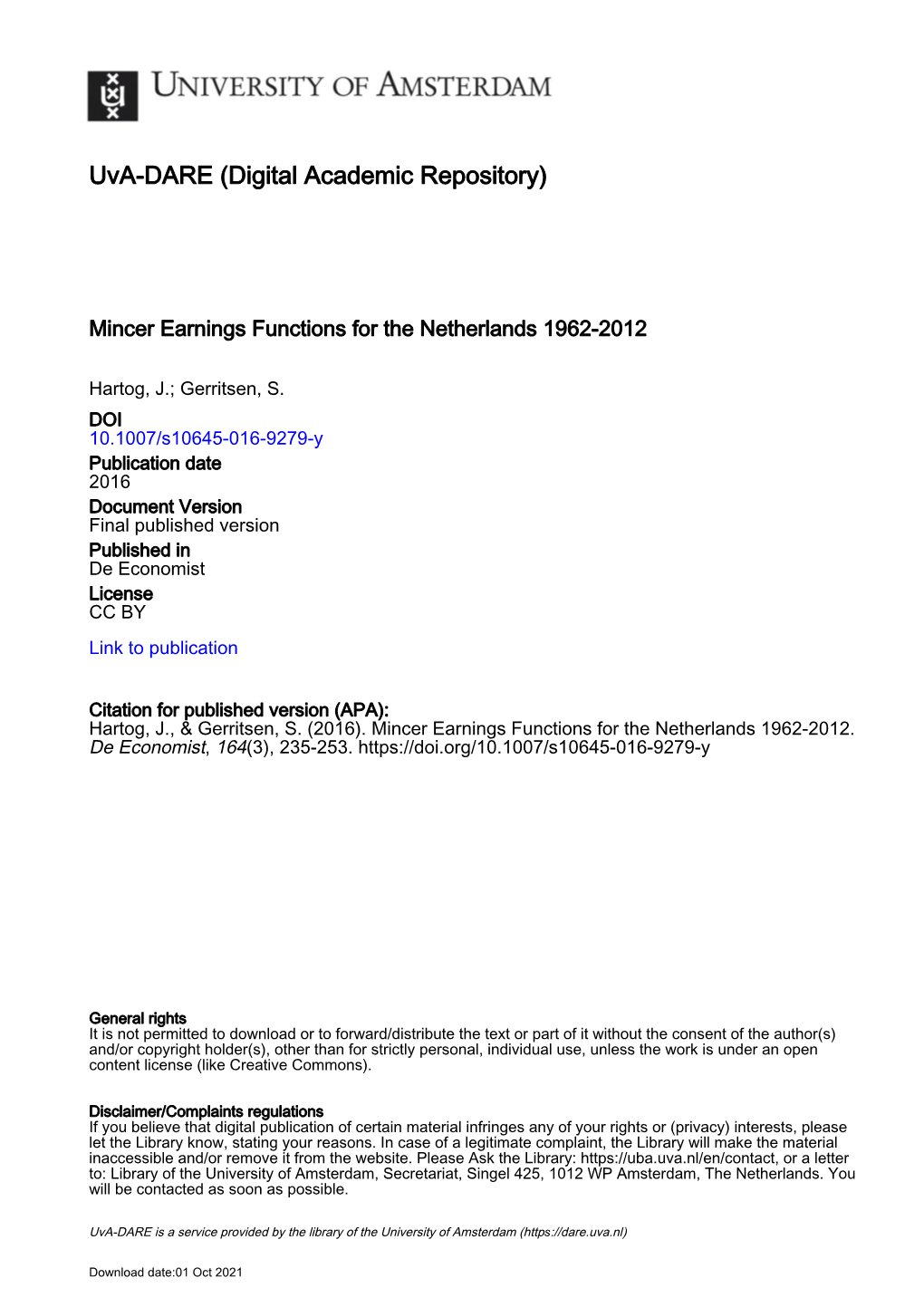 Mincer Earnings Functions for the Netherlands 1962–2012