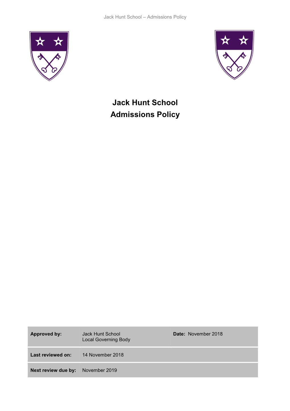 Jack Hunt School Admissions Policy