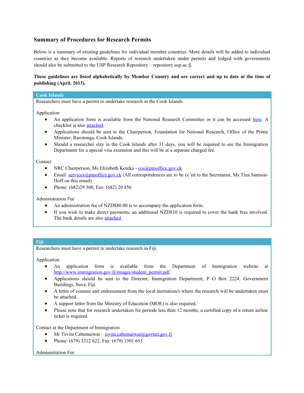 Summary of Procedures for Research Permits