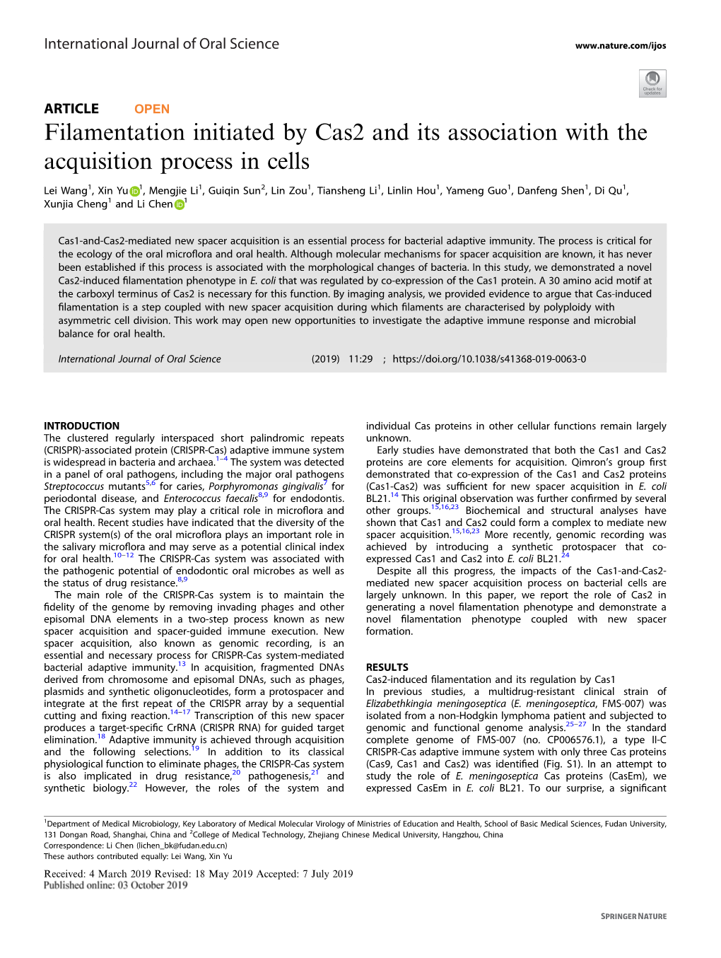 Filamentation Initiated by Cas2 and Its Association with the Acquisition Process in Cells