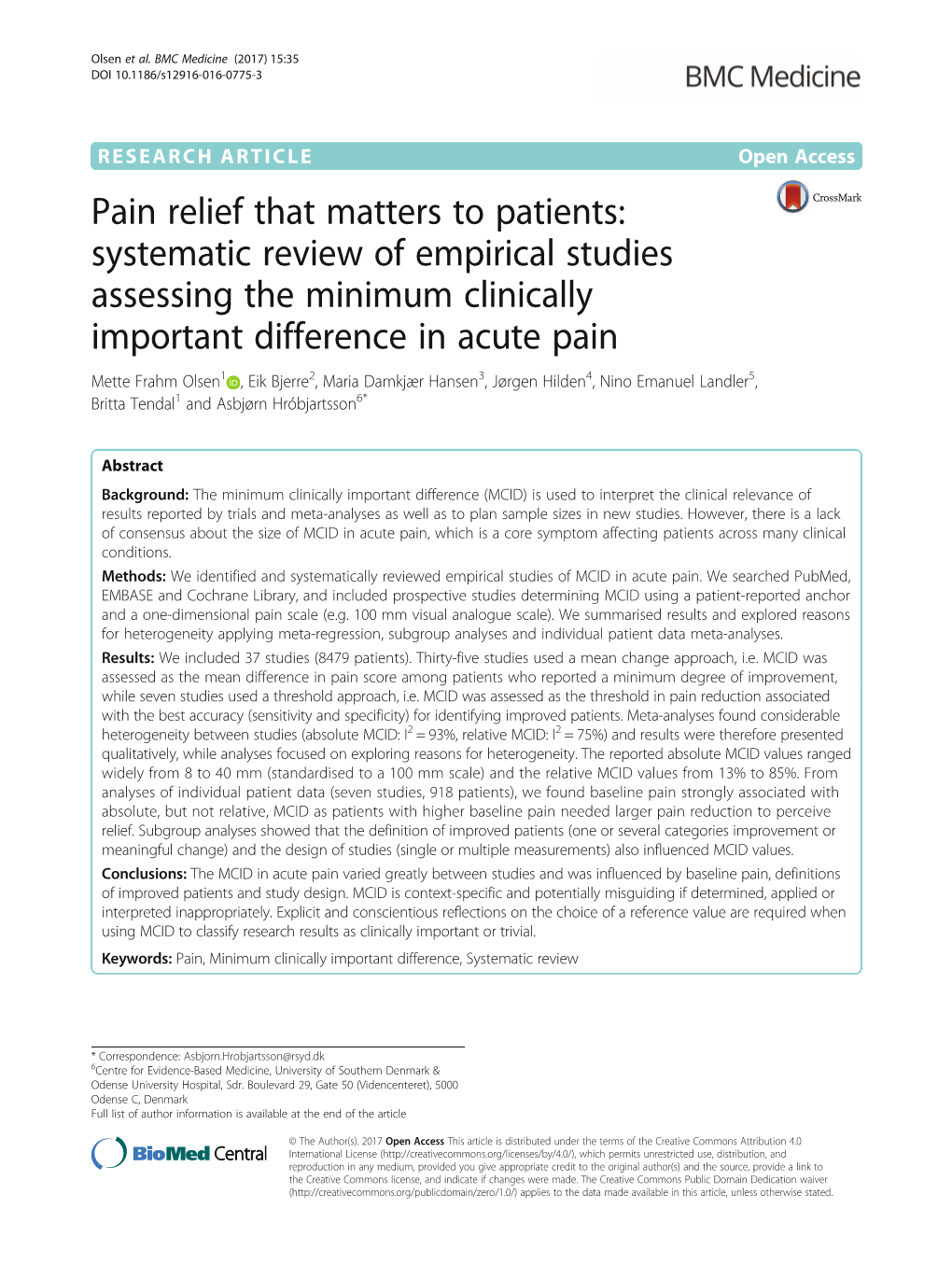 Pain Relief That Matters to Patients: Systematic Review