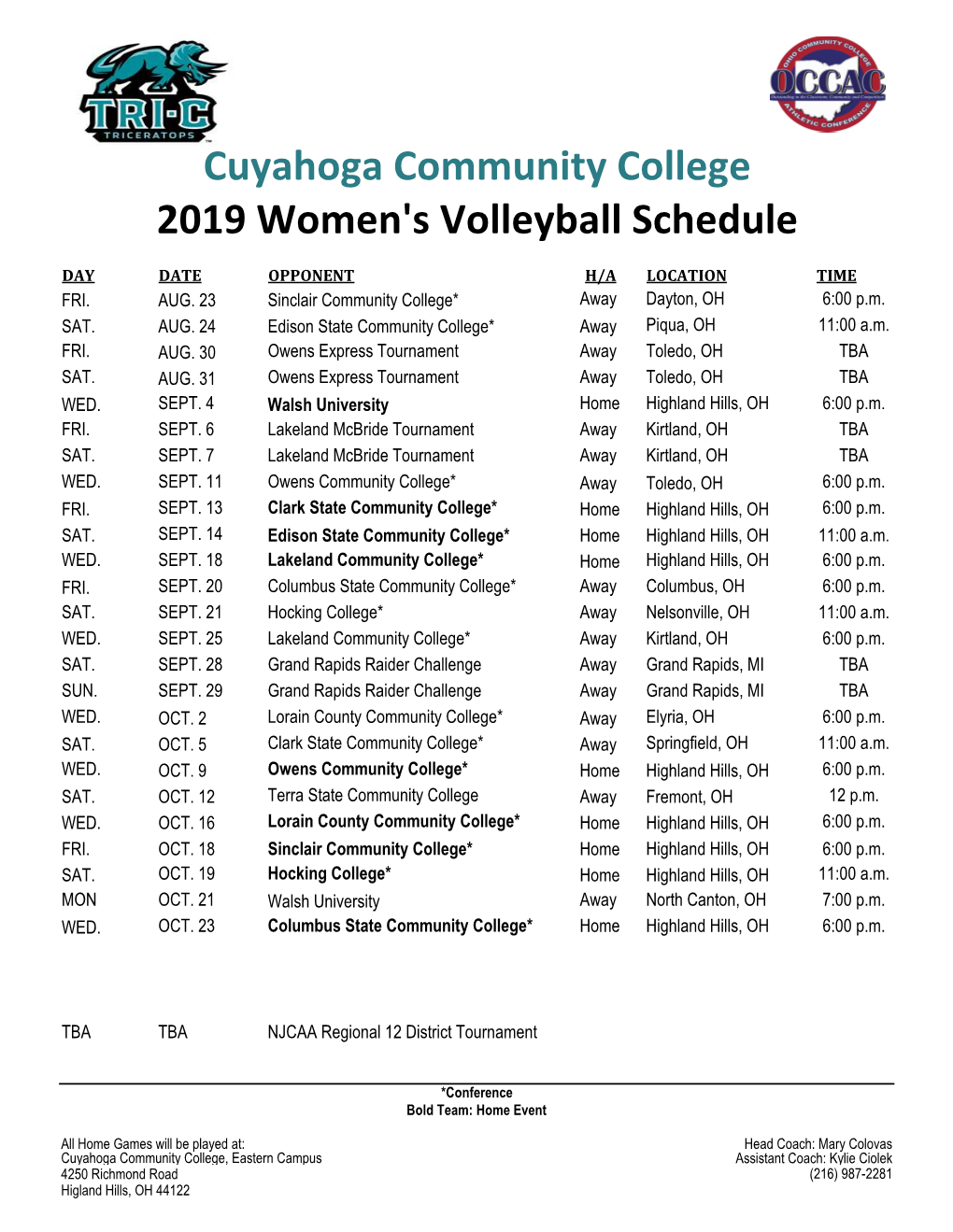 Cuyahoga Community College 2019 Women's Volleyball Schedule