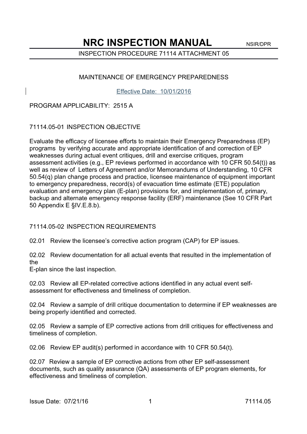 Nrc Inspection Manual Nsir/Dpr