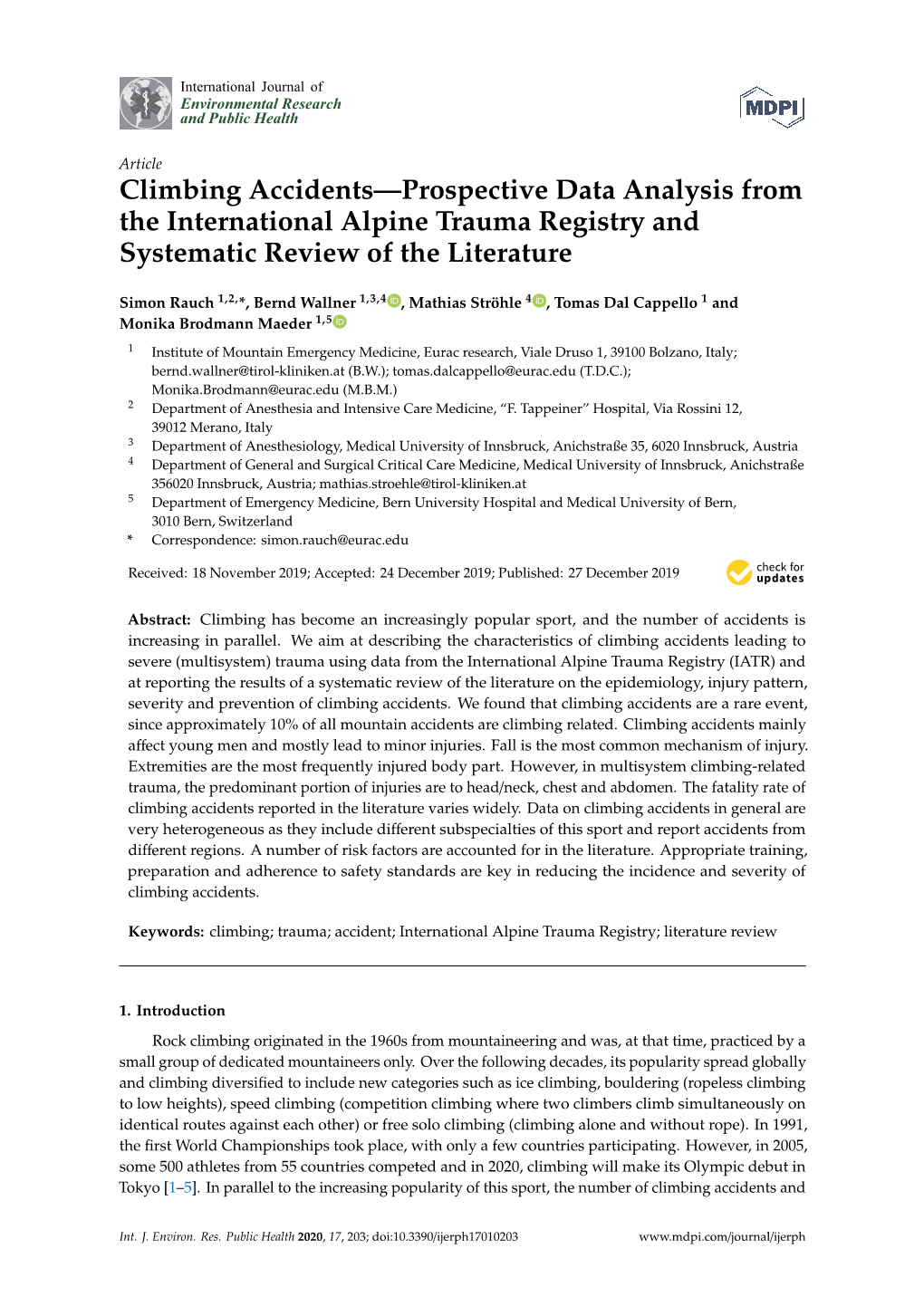Climbing Accidents—Prospective Data Analysis from the International Alpine Trauma Registry and Systematic Review of the Literature